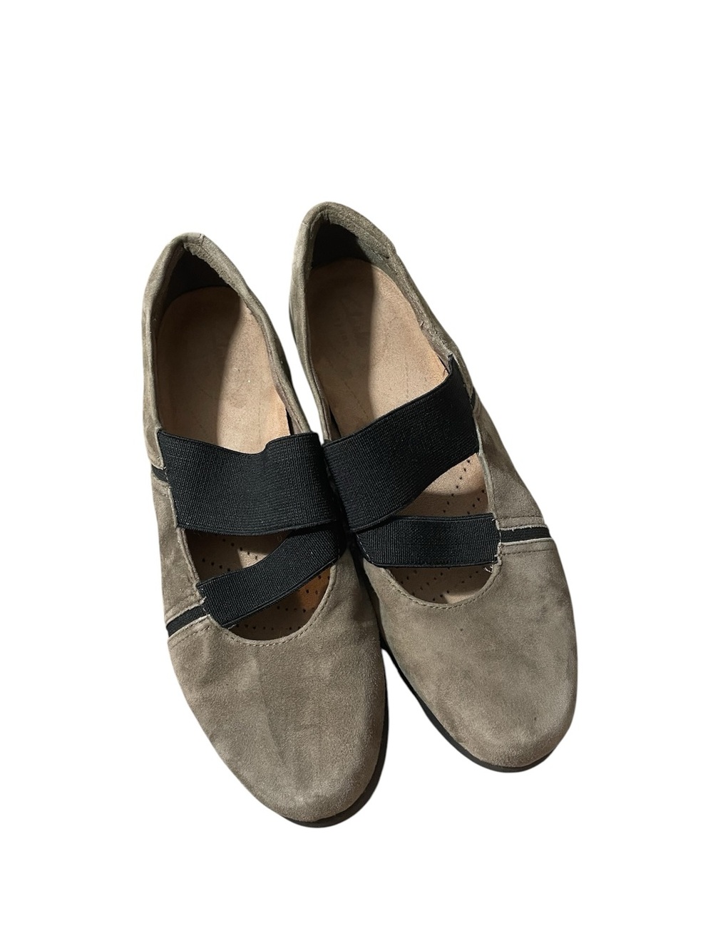 D9- Clarks Taupe Suede Flats with Black Elastic Cross Straps
